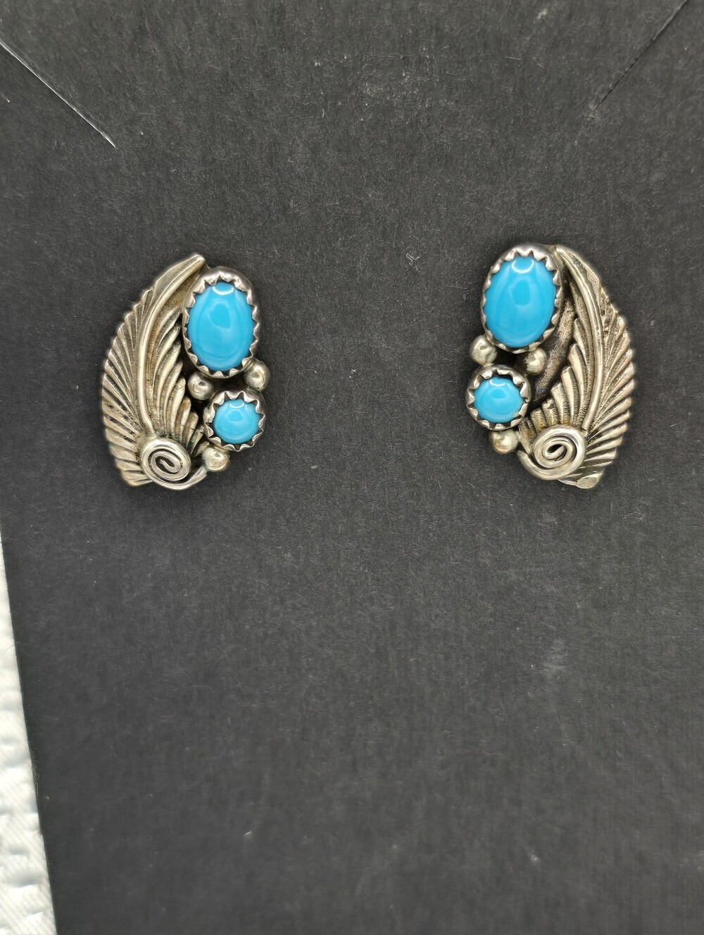 Vtg Native American RB Signed Sterling/Sleeping Beauty Turquoise Earrings .75"